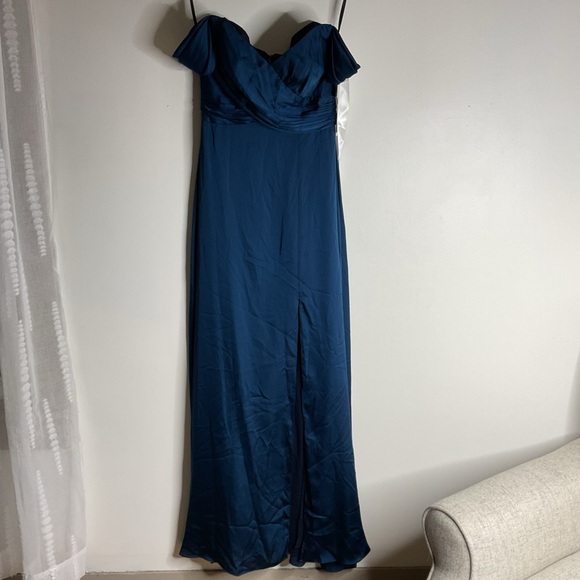 Dessy Collection Off-Shoulder Empire Waist Front Slit Maxi Teal Maxi Dress NWT 0 - Picture 3 of 11